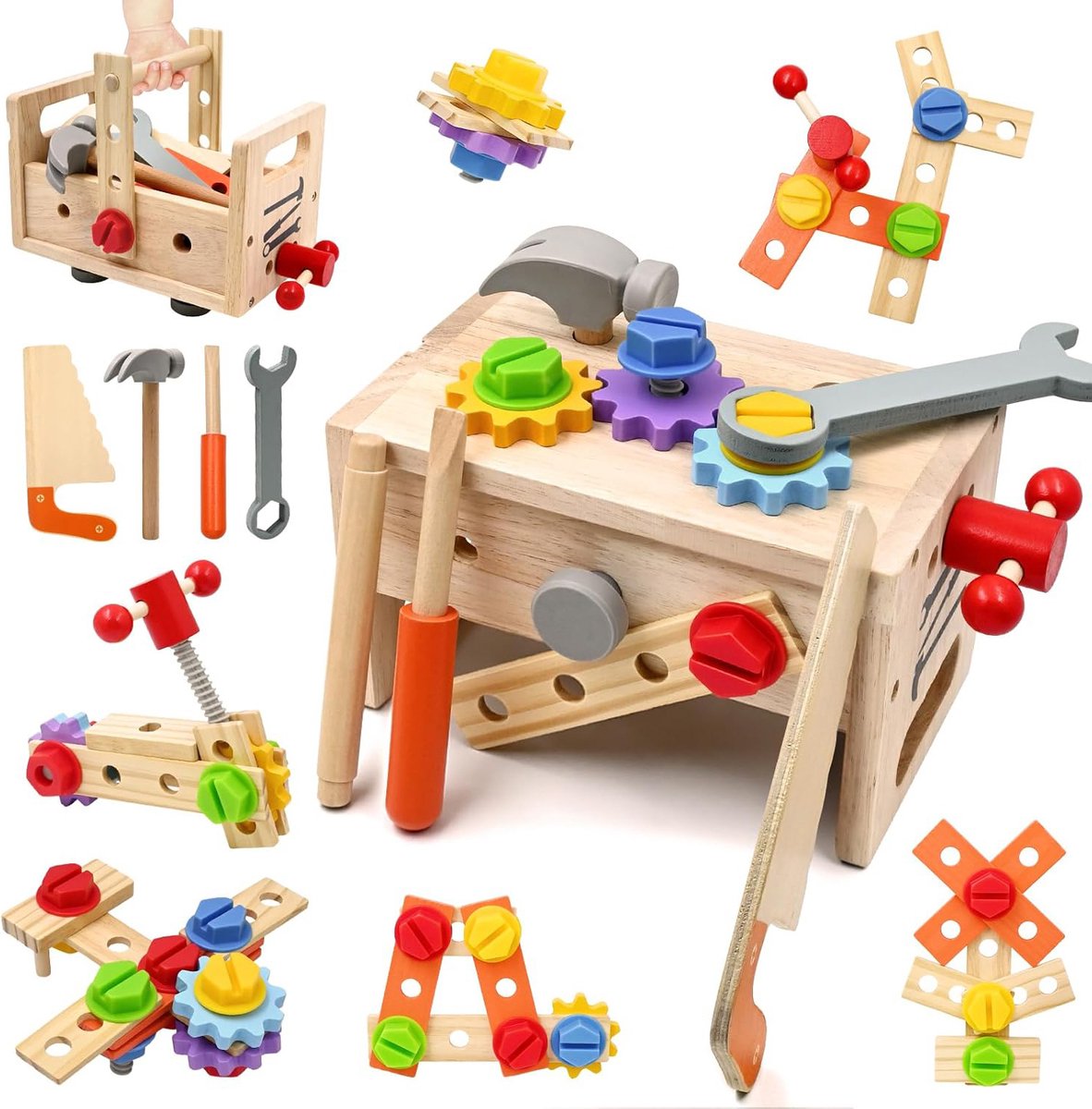 oCreon Montessori Houten Speelgoed Gereedschap 29 Stuks met Toolbox & Werkbank voor Kinderen (2-6 Jaar)